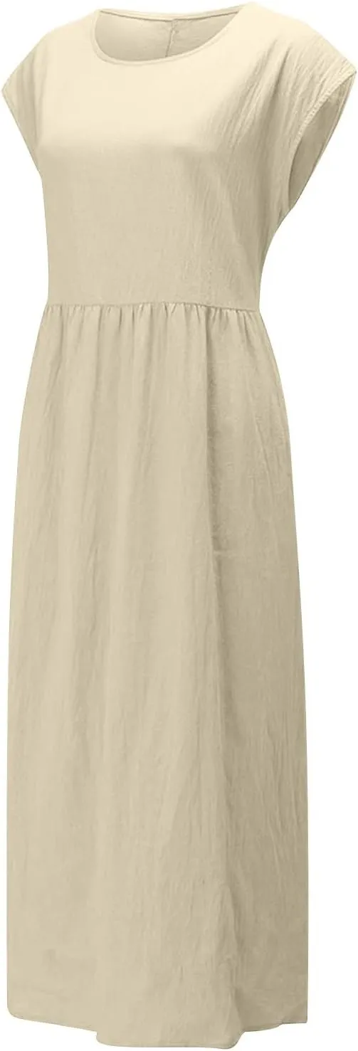 Dresses for Women 2025 Summer Plus Size Cotton Linen Solid Dress Crew Neck Loose Casual Beach Vacation Midi Dress