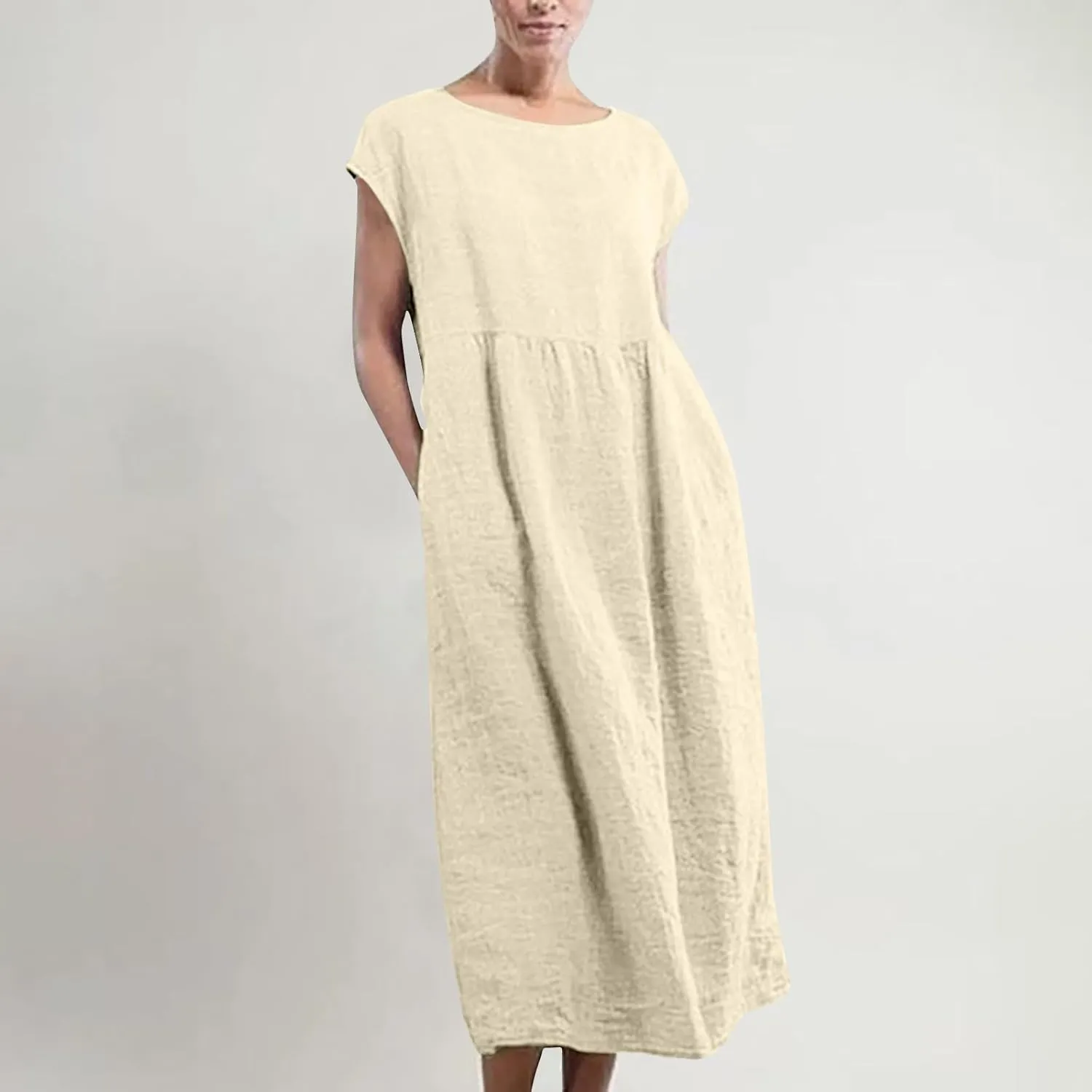 Dresses for Women 2025 Summer Plus Size Cotton Linen Solid Dress Crew Neck Loose Casual Beach Vacation Midi Dress