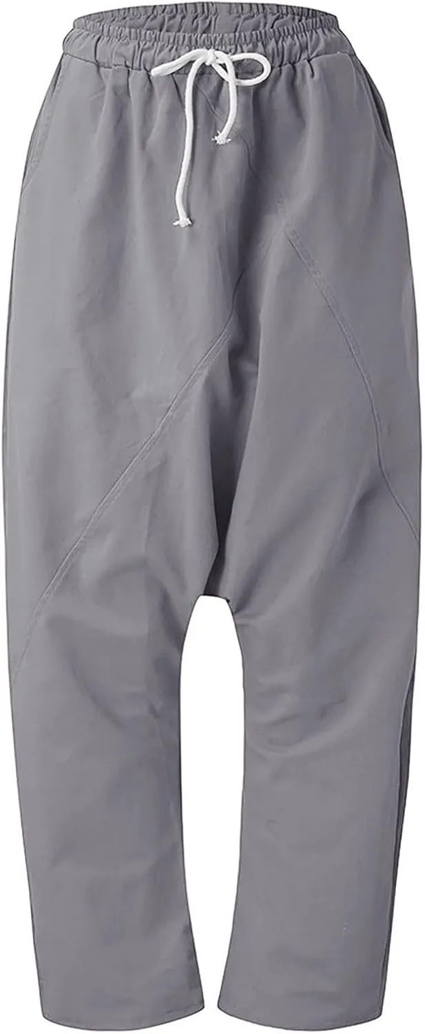 Drop Crotch Harem Pants for Women Baggy Elastic Waist Drawstring Boho Pants Summer Cotton-Blend Hip Hop Yoga Trousers