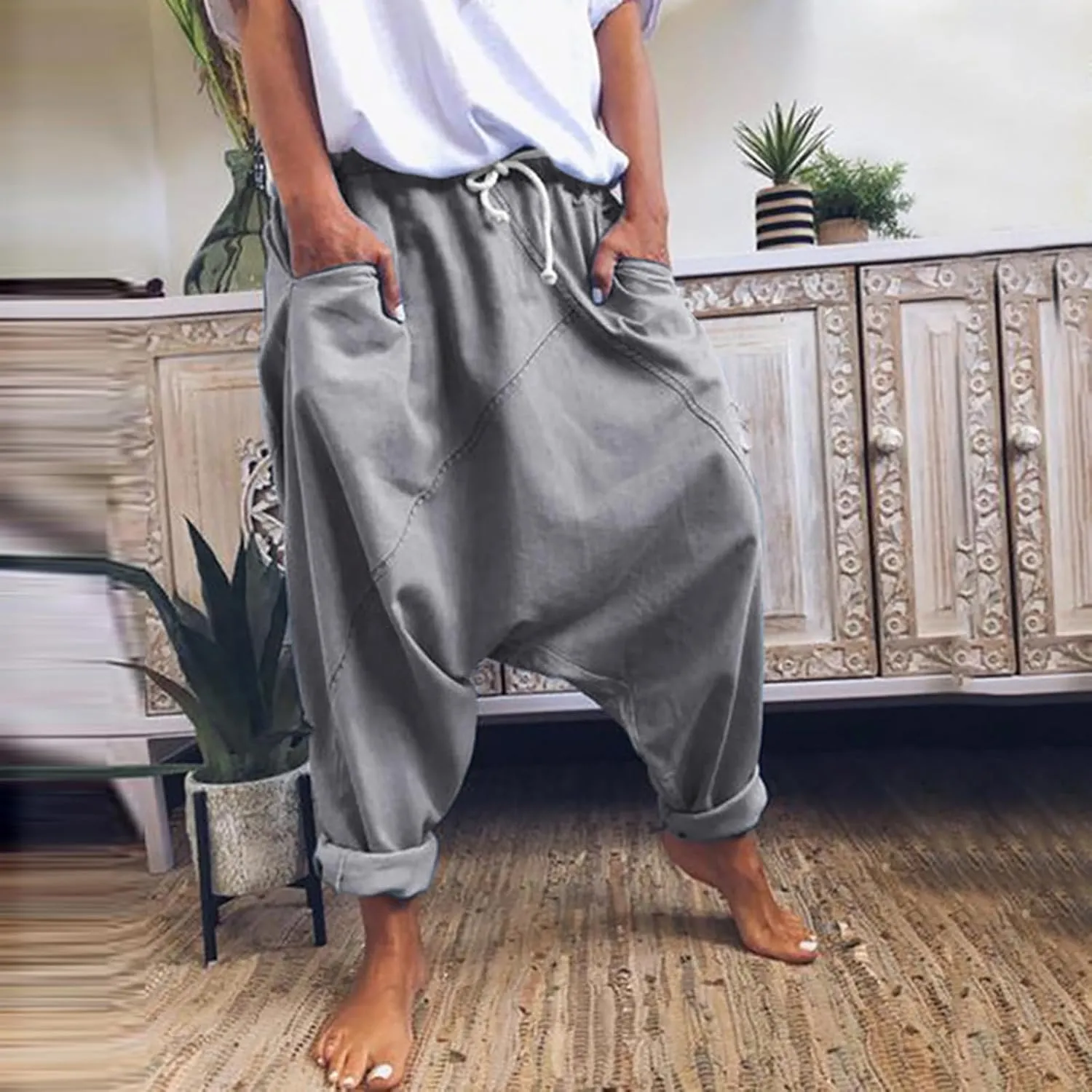 Drop Crotch Harem Pants for Women Baggy Elastic Waist Drawstring Boho Pants Summer Cotton-Blend Hip Hop Yoga Trousers