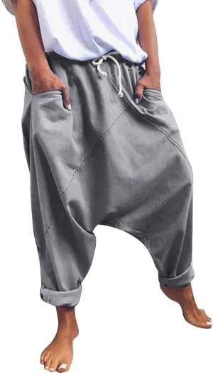 Drop Crotch Harem Pants for Women Baggy Elastic Waist Drawstring Boho Pants Summer Cotton-Blend Hip Hop Yoga Trousers