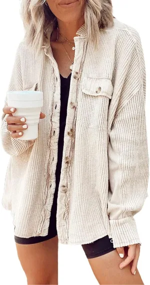 ebossy Womens Long Batwing Sleeve Splicing Cardigan Lightweight Waffle Textured Boyfriend Shirt Jacket Shacket