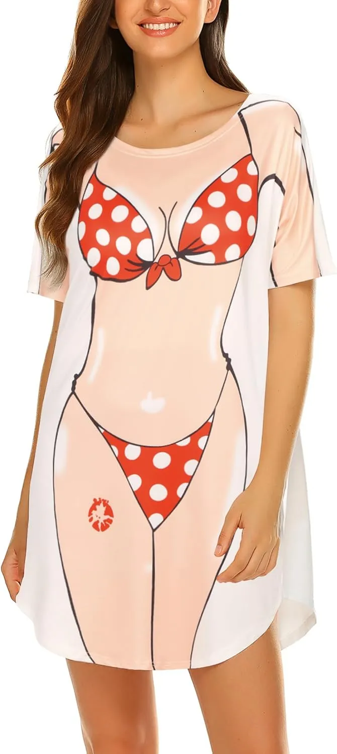Ekouaer Women's Bikini Shirt Cover Up Short Sleeve Cute Bikini Print Cover-Up Baggy T Shirt Dress Fun Wear