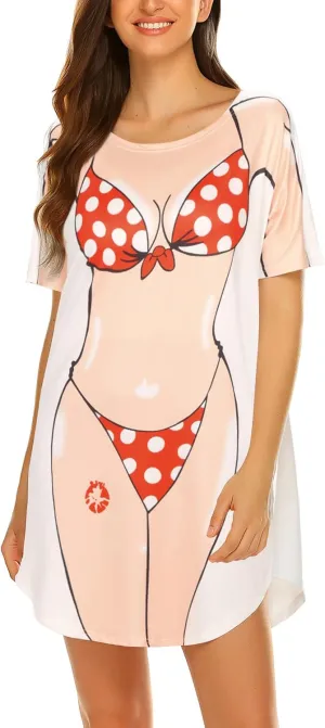Ekouaer Women's Bikini Shirt Cover Up Short Sleeve Cute Bikini Print Cover-Up Baggy T Shirt Dress Fun Wear