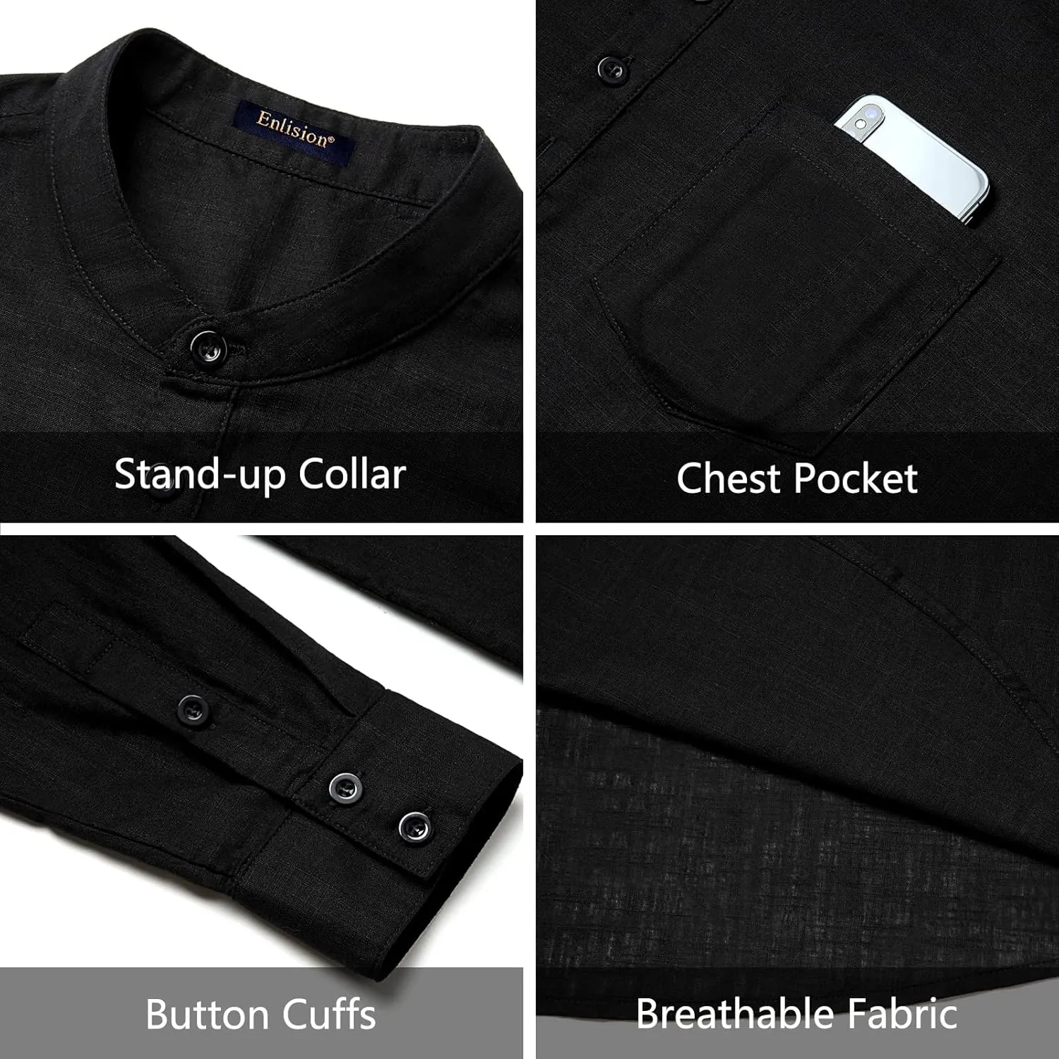 Enlision Mens Cotton Linen Henley Shirts Casual Long Sleeve Summer Beach Shirt Hawaii Hippie Button Down T-Shirt for Men
