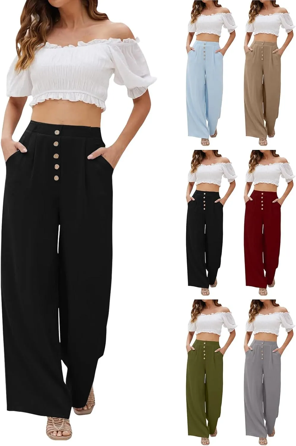 eoeioa Linen Wide Leg Dress Pants for Women Trendy High Waist Button Lounge Trousers Baggy Pockets Straight Fit Palazzo Pants