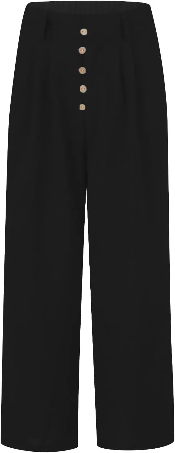 eoeioa Linen Wide Leg Dress Pants for Women Trendy High Waist Button Lounge Trousers Baggy Pockets Straight Fit Palazzo Pants