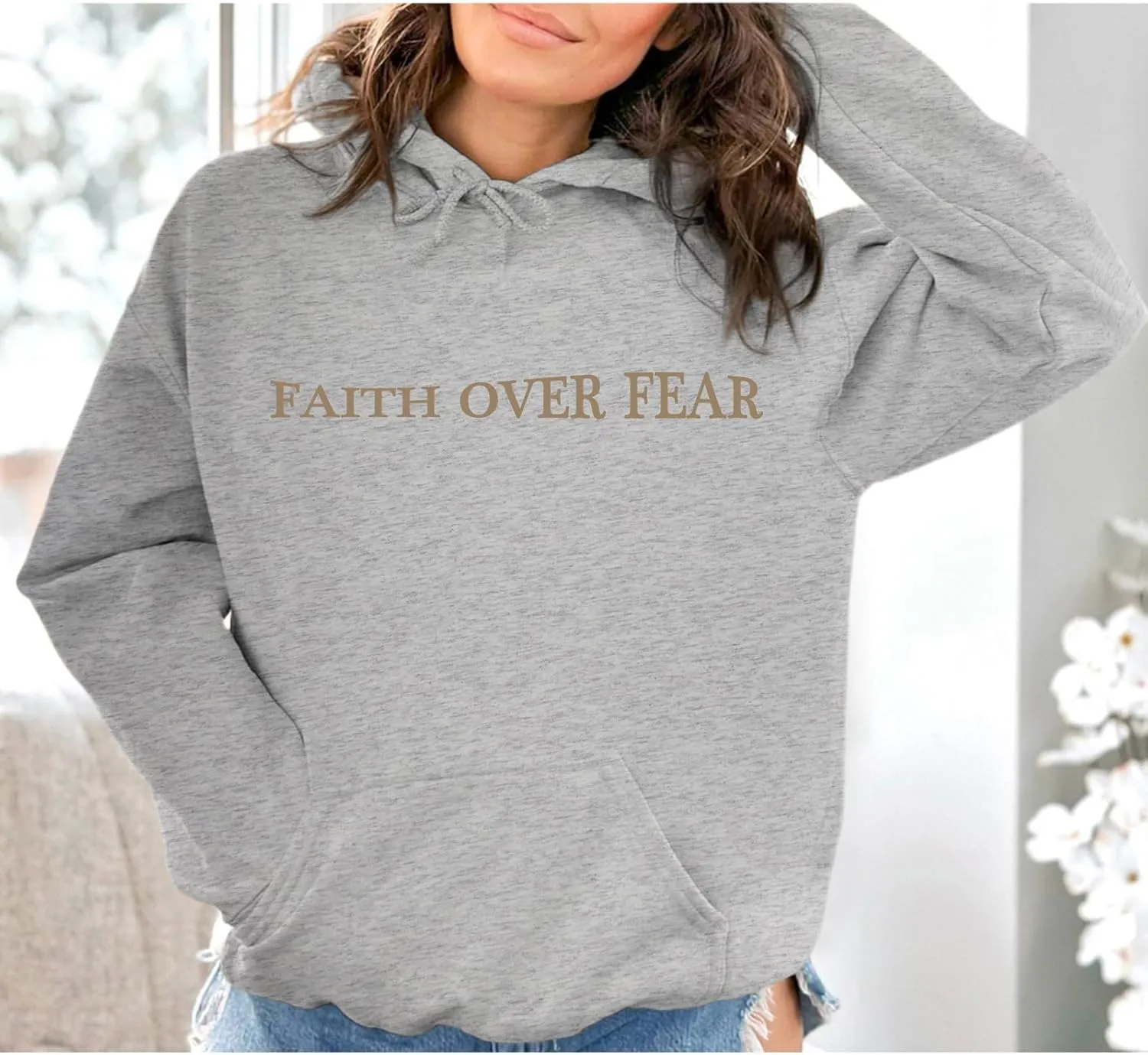 Faith Over Fear Hoodie for Women Christian Jesus Inspirational Sweatshirts Religious Oversized Graphic Pullover Tops
