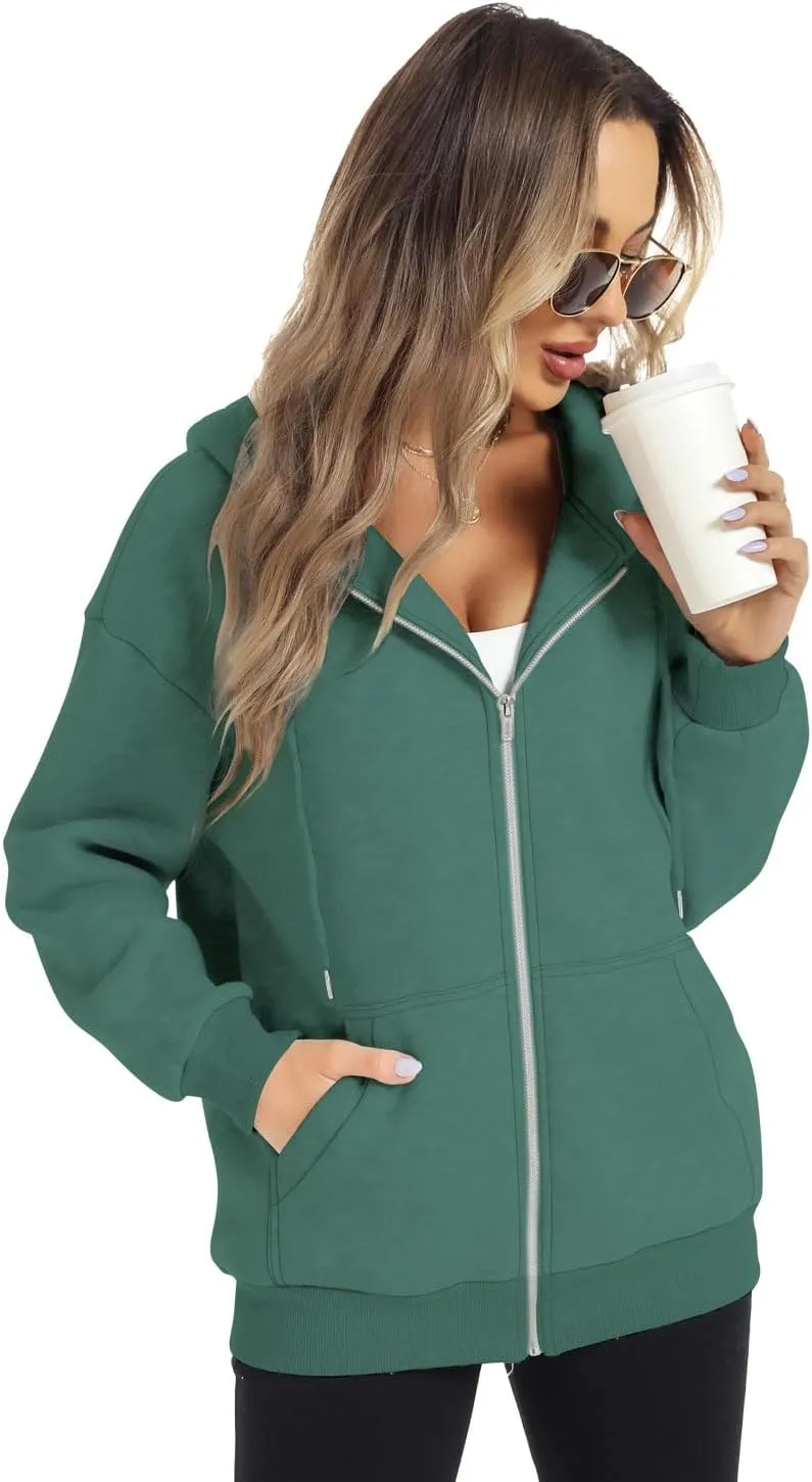 FANCYINN Womens Zip Up Hoodies Long Sleeve Oversized Sweatshirts Casual Drawstring Fall Fleece Jacket with Pockets
