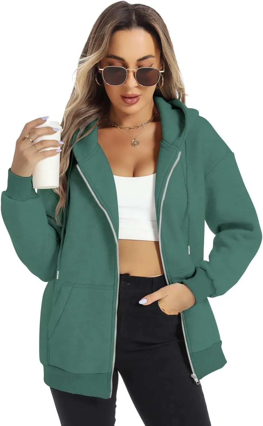FANCYINN Womens Zip Up Hoodies Long Sleeve Oversized Sweatshirts Casual Drawstring Fall Fleece Jacket with Pockets
