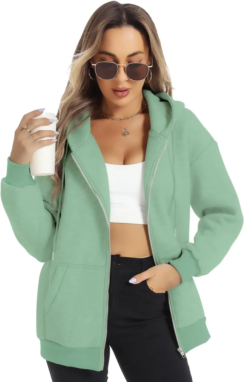 FANCYINN Womens Zip Up Hoodies Long Sleeve Oversized Sweatshirts Casual Drawstring Fall Fleece Jacket with Pockets