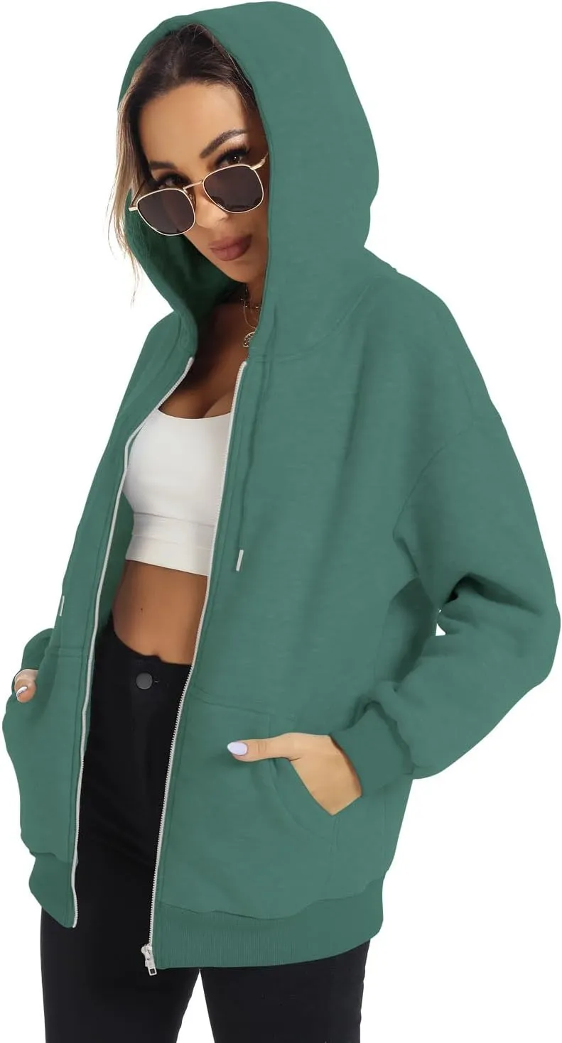 FANCYINN Womens Zip Up Hoodies Long Sleeve Oversized Sweatshirts Casual Drawstring Fall Fleece Jacket with Pockets
