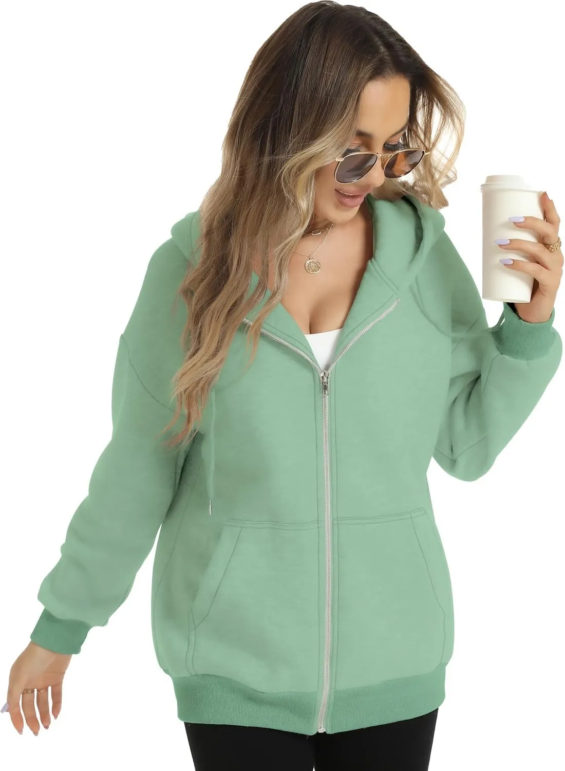 FANCYINN Womens Zip Up Hoodies Long Sleeve Oversized Sweatshirts Casual Drawstring Fall Fleece Jacket with Pockets