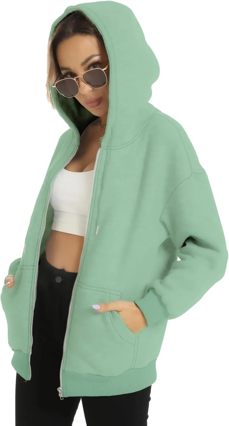 FANCYINN Womens Zip Up Hoodies Long Sleeve Oversized Sweatshirts Casual Drawstring Fall Fleece Jacket with Pockets
