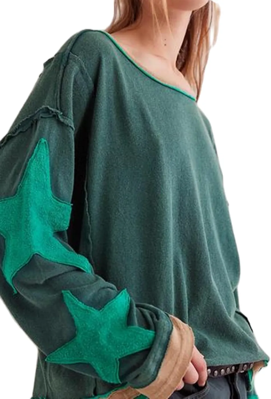 Faretumiya Womens Star Graphic Sweatshirt Oversized Pullover Shirt Long Sleeve Crewneck Drop Shoulder Y2k Fashion Sweatshirt