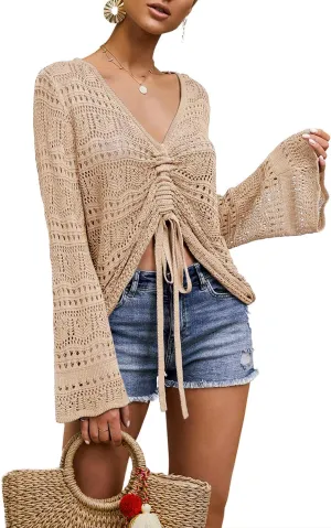 FERBIA Women Crochet Top Beach Cloth Drawstring Shirt Cover Up Oversized Sexy Beachwear Lace Up Tee Poncho