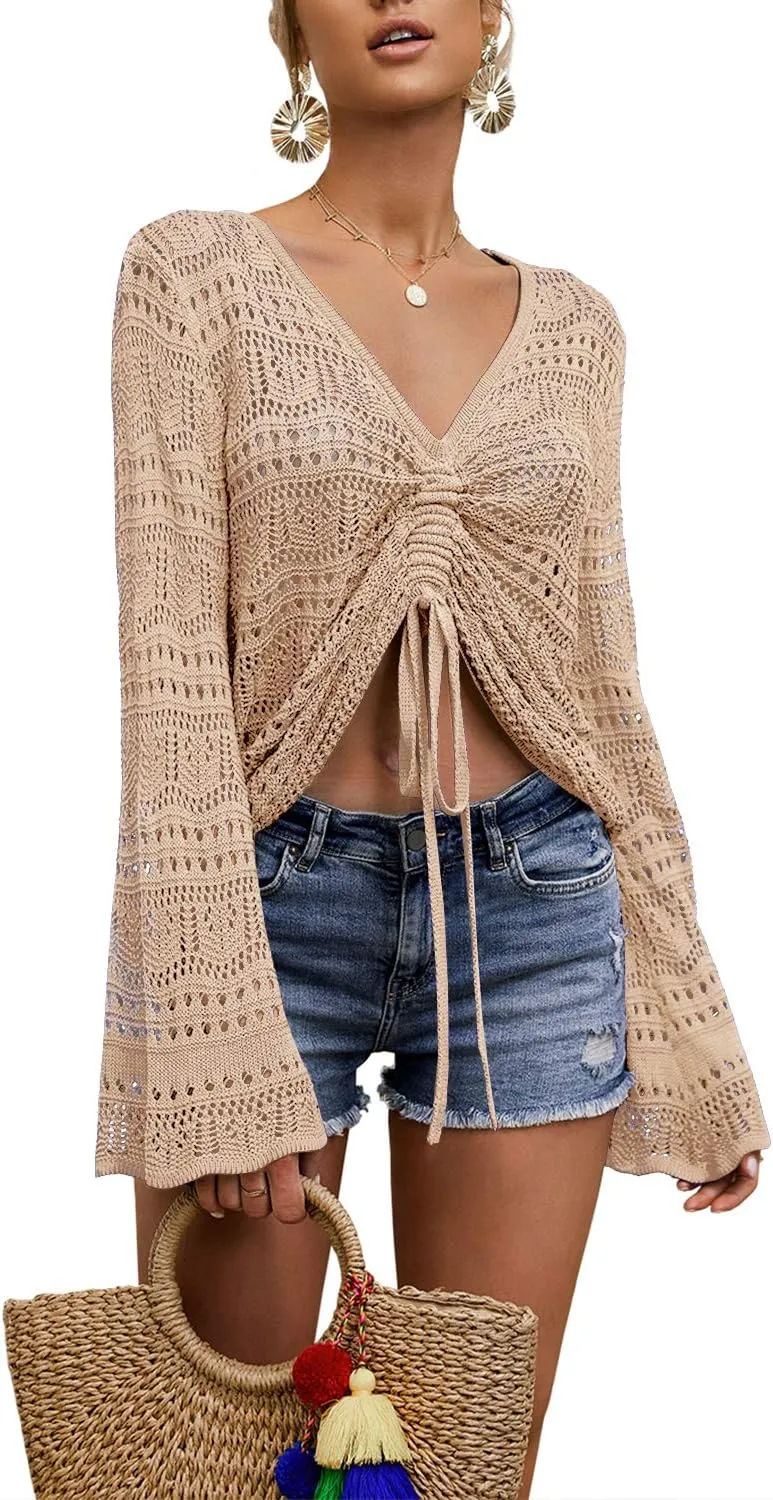 FERBIA Women Crochet Top Beach Cloth Drawstring Shirt Cover Up Oversized Sexy Beachwear Lace Up Tee Poncho