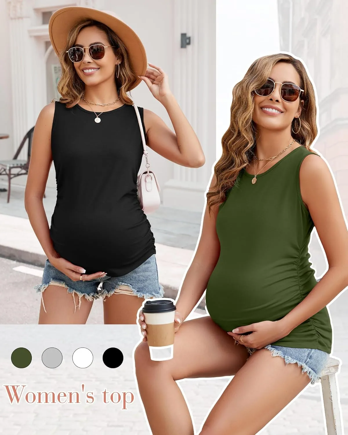 Ficerd 4 Pack Women's Maternity Tank Tops, Side Ruched Sleeveless Pregnancy Shirts Summer Comfy Round Neck Maternity Vest Tee