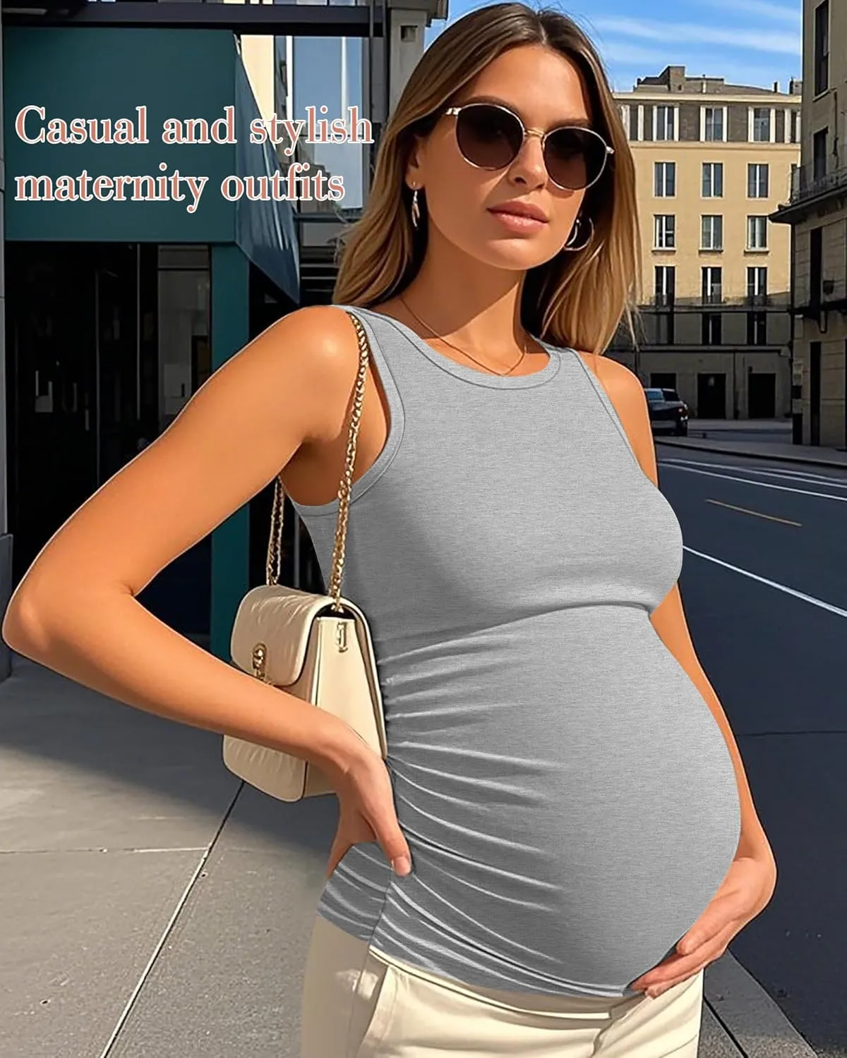 Ficerd 4 Pack Women's Maternity Tank Tops, Side Ruched Sleeveless Pregnancy Shirts Summer Comfy Round Neck Maternity Vest Tee