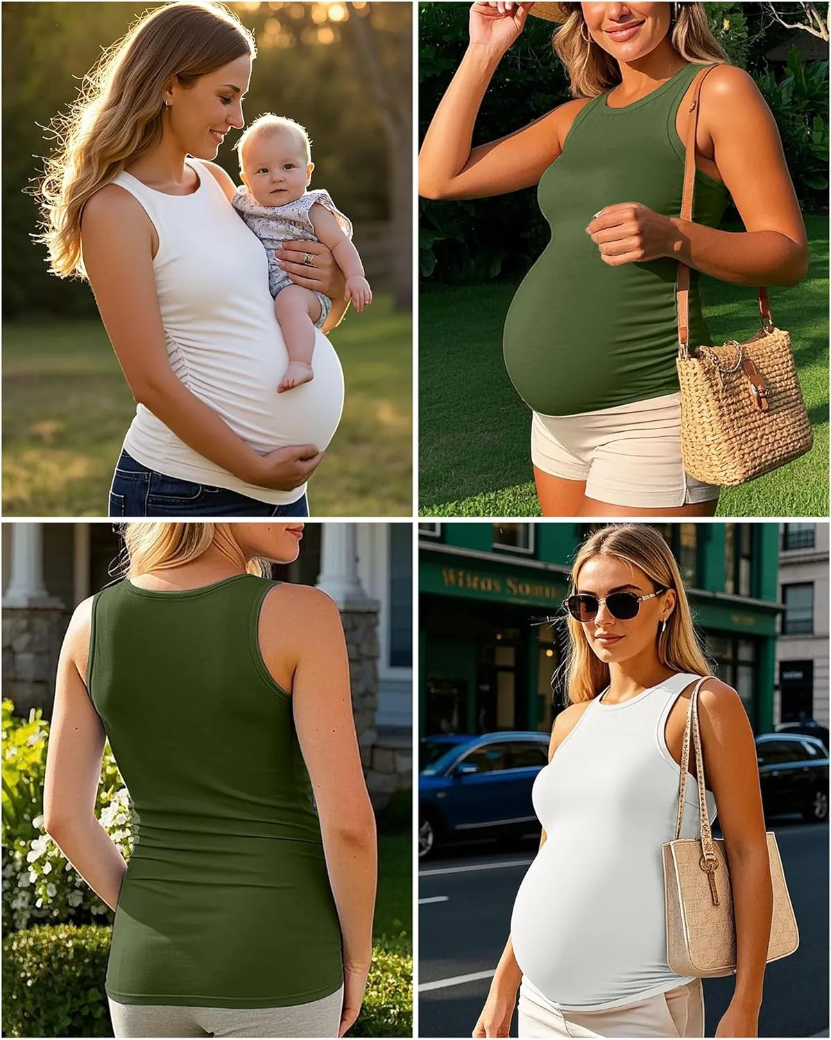 Ficerd 4 Pack Women's Maternity Tank Tops, Side Ruched Sleeveless Pregnancy Shirts Summer Comfy Round Neck Maternity Vest Tee