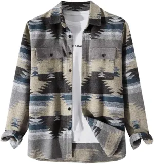 FindThy Mens Brushed Flannel Shirts Ethnic Aztec Print Button Up Lapel Tribal Shirt Jacket Shacket