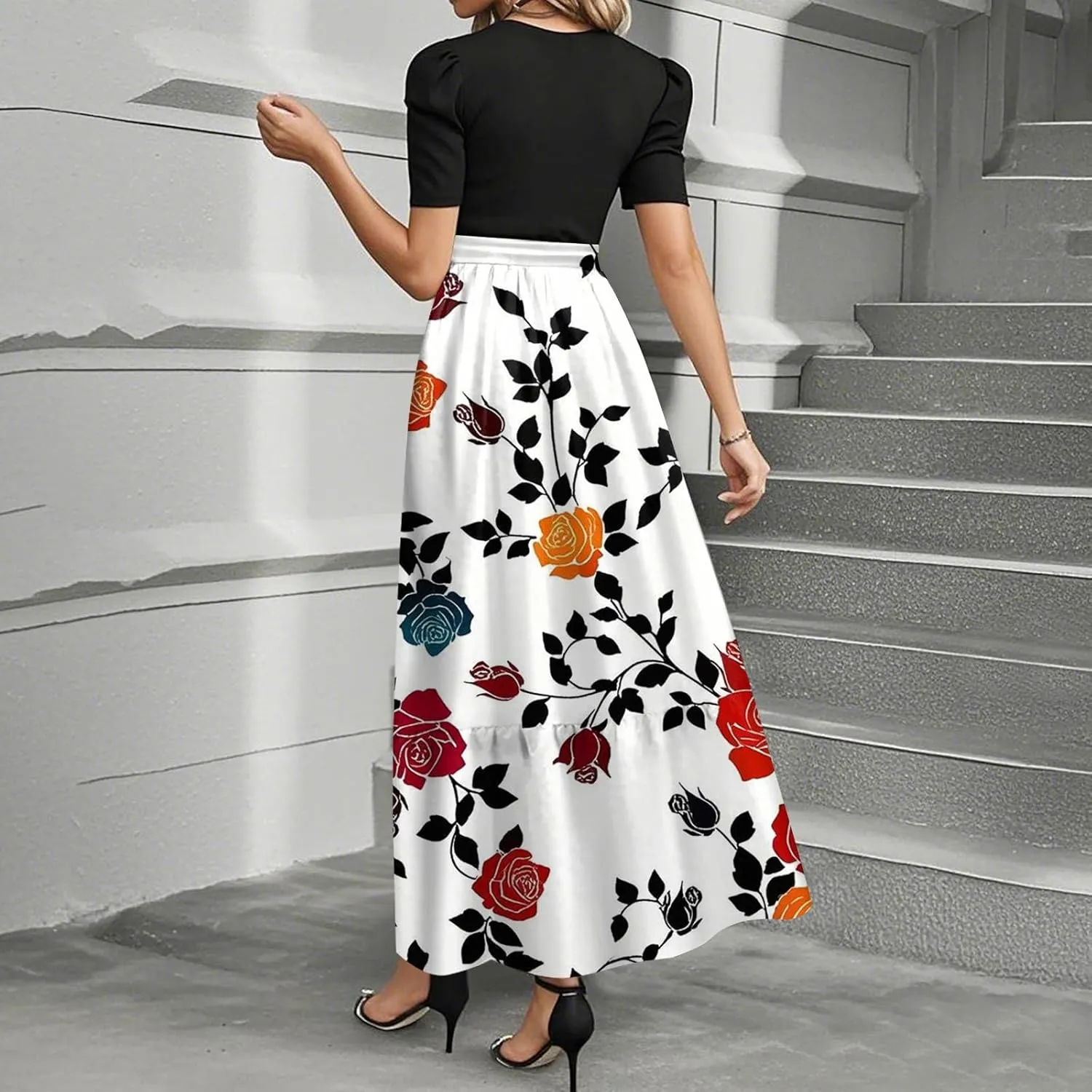 FlekmanArt Dresses for Women 2025 Elegant Boho Tie Belted Patchwork Empire Waist Short Sleeve Modest Crewneck Maxi Dress