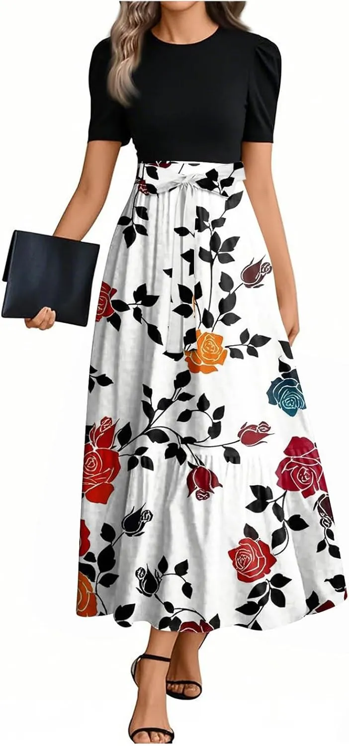 FlekmanArt Dresses for Women 2025 Elegant Boho Tie Belted Patchwork Empire Waist Short Sleeve Modest Crewneck Maxi Dress