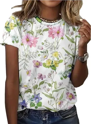 Floral Plants T Shirt for Women Wildflower Graphic Tees Plant Lover Shirts Short Sleeve Casual Basic Tops