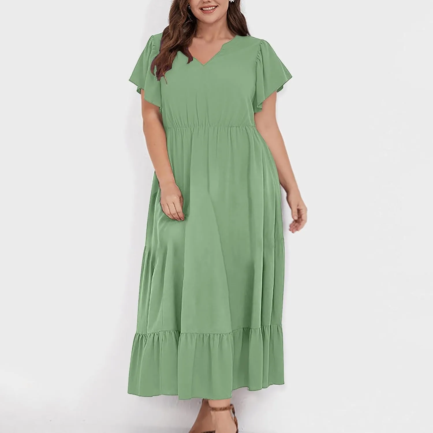 Flowy Dresses for Women V Neck Cinch Waist Ruffle Short Sleeve Dress Trendy Summer Layered Tiered A Line Sundress