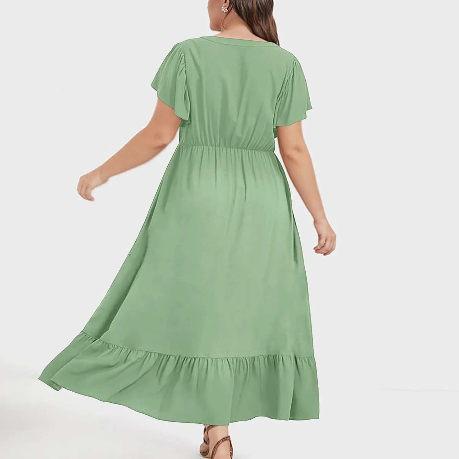 Flowy Dresses for Women V Neck Cinch Waist Ruffle Short Sleeve Dress Trendy Summer Layered Tiered A Line Sundress