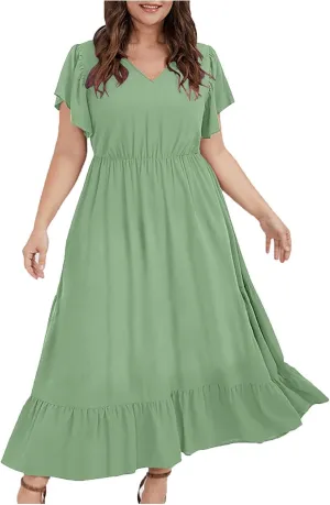 Flowy Dresses for Women V Neck Cinch Waist Ruffle Short Sleeve Dress Trendy Summer Layered Tiered A Line Sundress