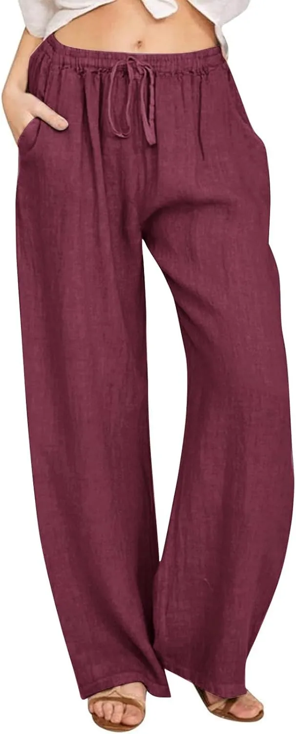 Flowy Pants for Women Summer Trendy High Waisted Straight Leg Pant Solid Casual Loose Trousers with Pockets