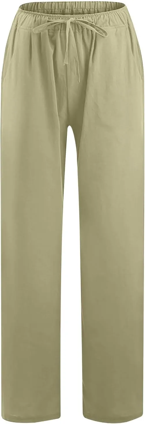 FZYLQY 2 Pcs Women's Linen Pants Casual Wide Leg High Waisted Trousers with Pockets Drawstring Loose Palazzo Lounge Pants