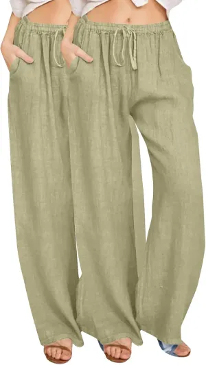 FZYLQY 2 Pcs Women's Linen Pants Casual Wide Leg High Waisted Trousers with Pockets Drawstring Loose Palazzo Lounge Pants