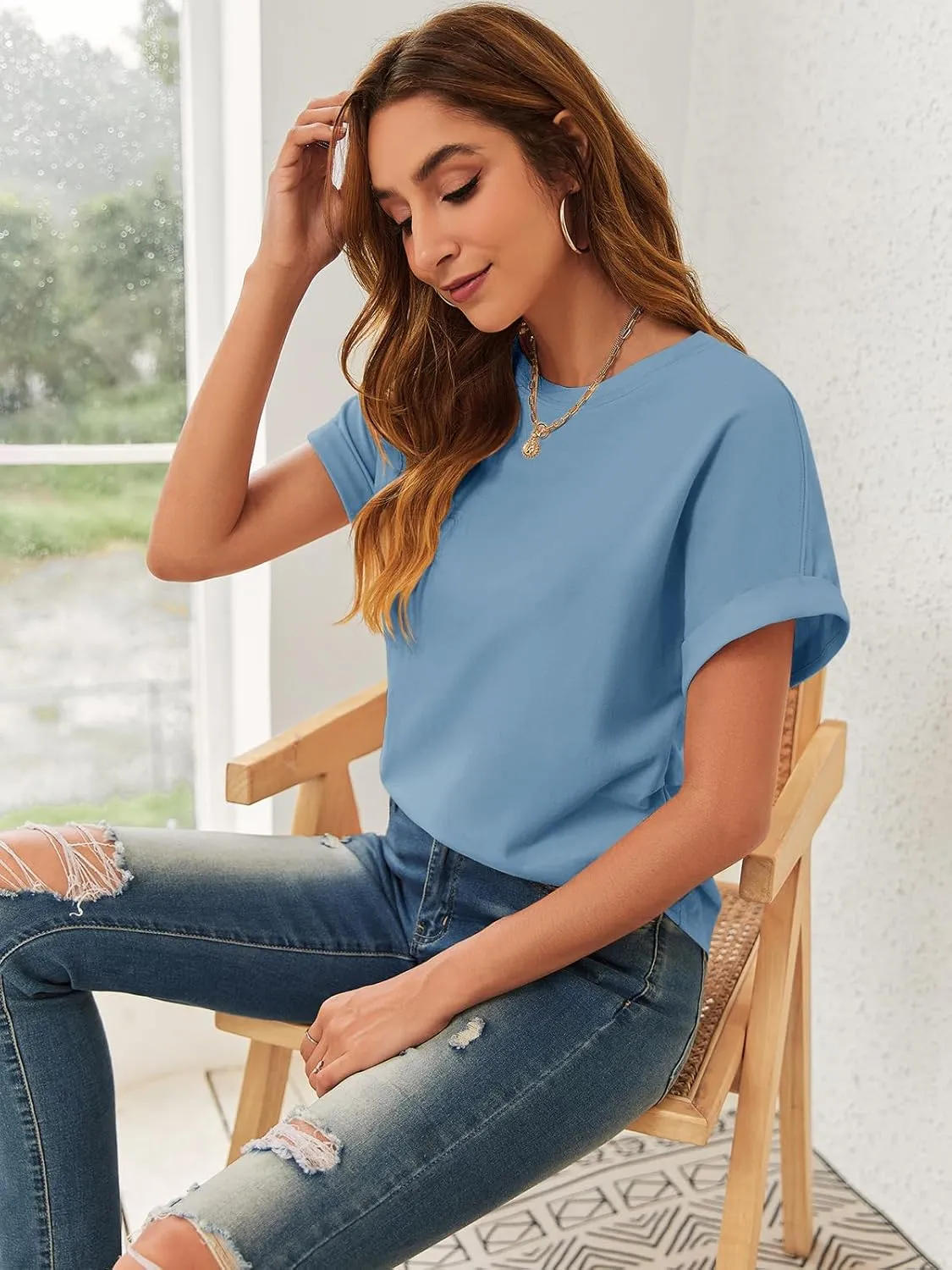 GeGekoko Women Short Sleeve Tshirts Crew Neck Basic Cotton Draped Tee Summer Ruched Side Top S-1L