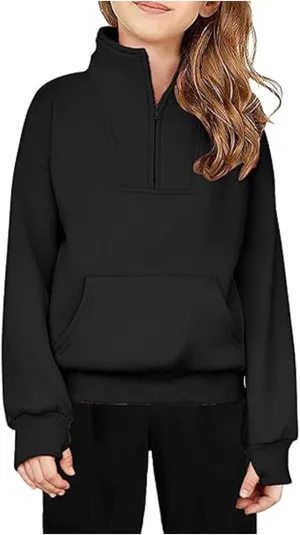Girls Half Zip Pullover Cropped Fleece Sweatshirts with Thumb Hole Hoodies Kids Fall Winter Preppy Clothes