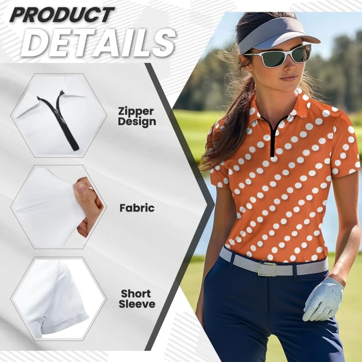 GLUDEAR Womens Polka Dots Golf Shirts Short Sleeve Sun Protection Golf Shirts Quick Dry Zipper Collared Polos