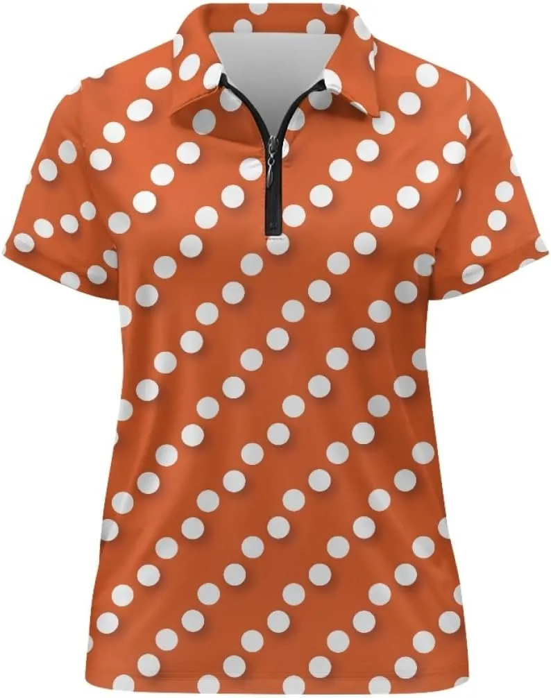 GLUDEAR Womens Polka Dots Golf Shirts Short Sleeve Sun Protection Golf Shirts Quick Dry Zipper Collared Polos