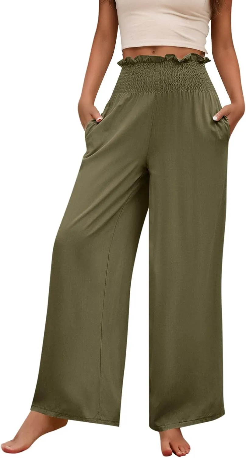 GOFULY Linen Pants Women Wide Leg 2025 High Waisted Pants Elastic Waist 2025 Summer Loose Fit Solid Trousers with Pockets