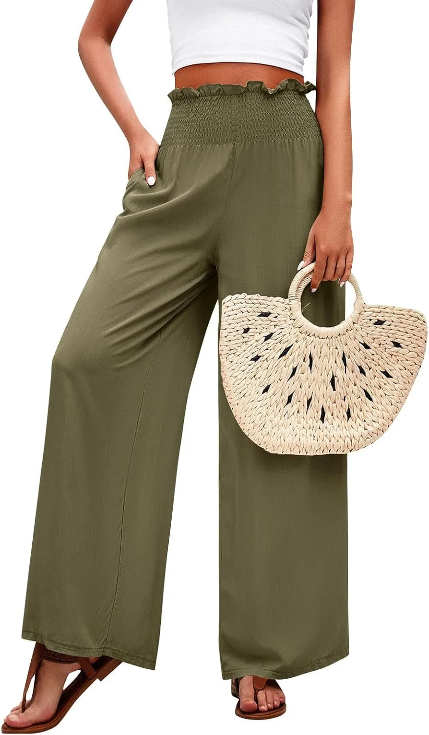 GOFULY Linen Pants Women Wide Leg 2025 High Waisted Pants Elastic Waist 2025 Summer Loose Fit Solid Trousers with Pockets