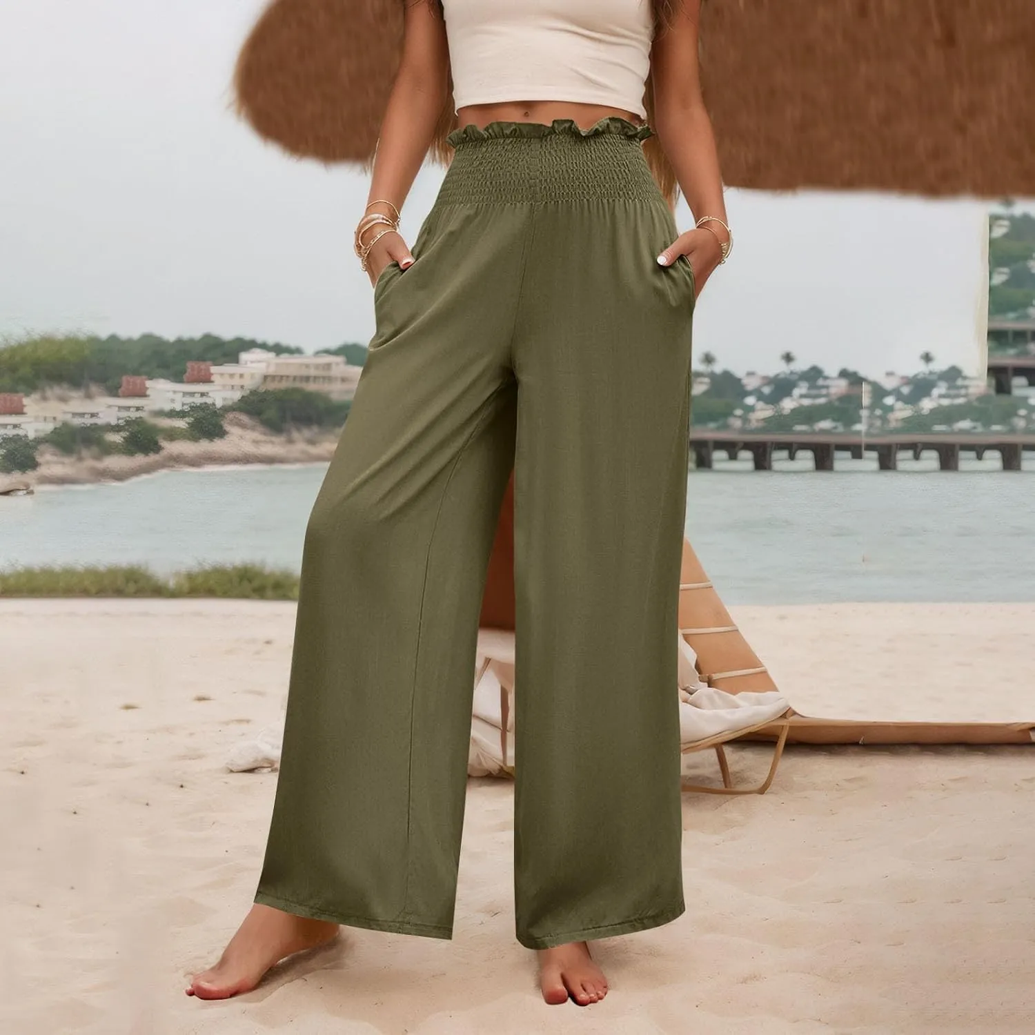 GOFULY Linen Pants Women Wide Leg 2025 High Waisted Pants Elastic Waist 2025 Summer Loose Fit Solid Trousers with Pockets
