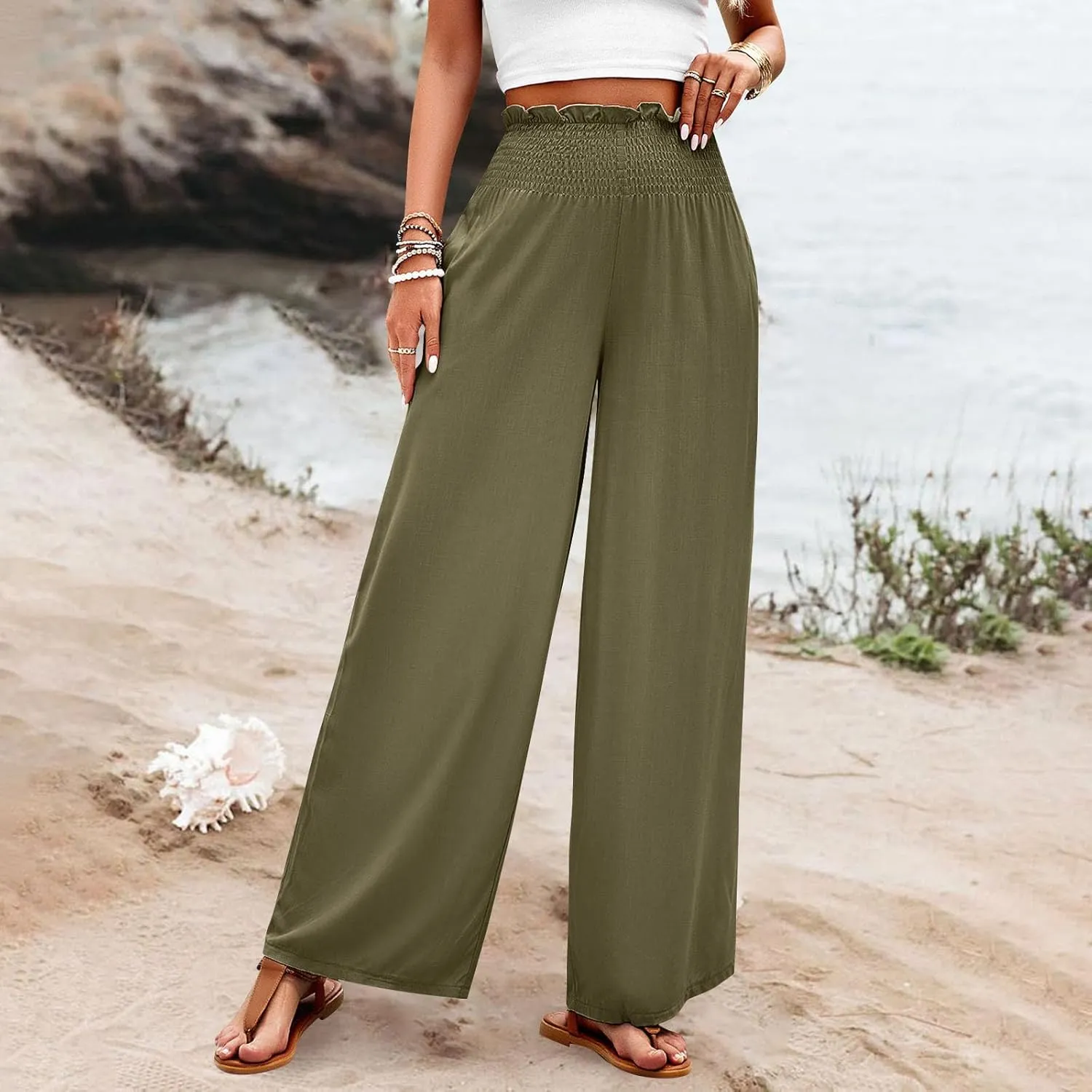GOFULY Linen Pants Women Wide Leg 2025 High Waisted Pants Elastic Waist 2025 Summer Loose Fit Solid Trousers with Pockets