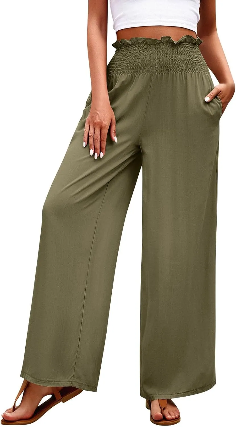 GOFULY Linen Pants Women Wide Leg 2025 High Waisted Pants Elastic Waist 2025 Summer Loose Fit Solid Trousers with Pockets