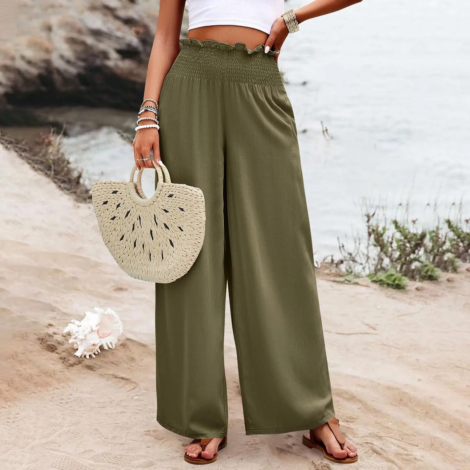 GOFULY Linen Pants Women Wide Leg 2025 High Waisted Pants Elastic Waist 2025 Summer Loose Fit Solid Trousers with Pockets