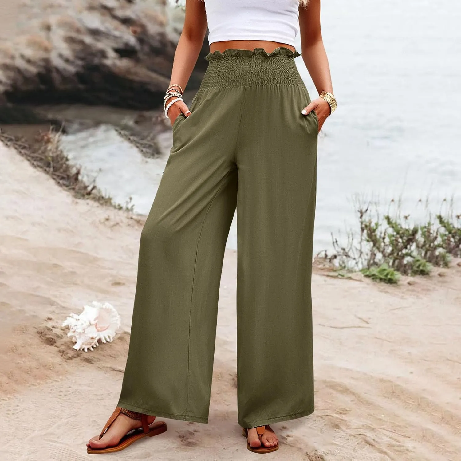 GOFULY Linen Pants Women Wide Leg 2025 High Waisted Pants Elastic Waist 2025 Summer Loose Fit Solid Trousers with Pockets