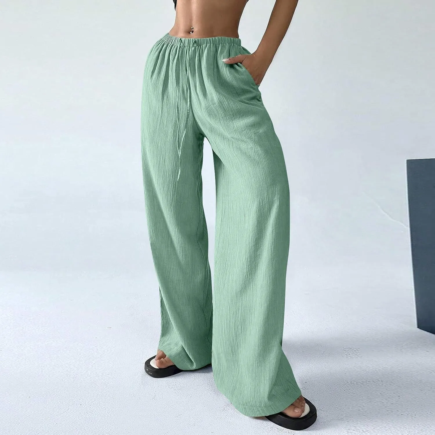 GOFULY Linen Pants Women Wide Leg Beach High Rise Pants Casual Elastic Waist Drawstring Summer 2025 Solid Trouser with Pocket