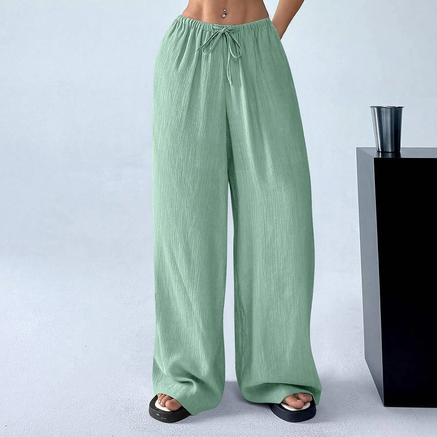 GOFULY Linen Pants Women Wide Leg Beach High Rise Pants Casual Elastic Waist Drawstring Summer 2025 Solid Trouser with Pocket