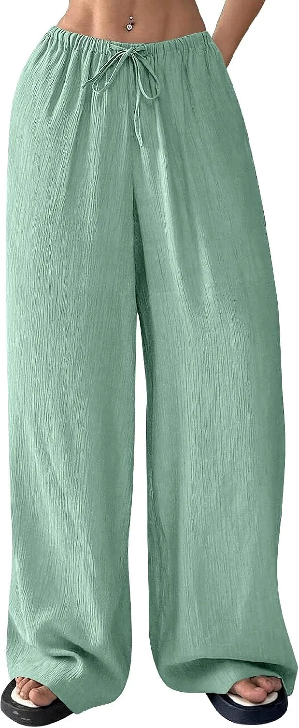 GOFULY Linen Pants Women Wide Leg Beach High Rise Pants Casual Elastic Waist Drawstring Summer 2025 Solid Trouser with Pocket