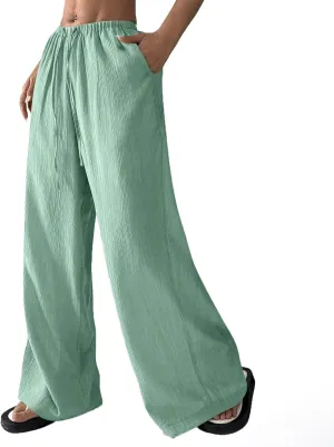 GOFULY Linen Pants Women Wide Leg Beach High Rise Pants Casual Elastic Waist Drawstring Summer 2025 Solid Trouser with Pocket
