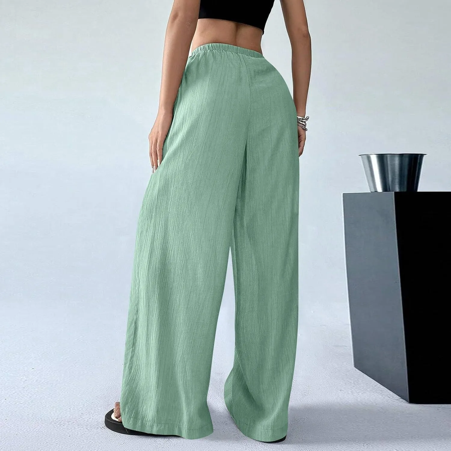 GOFULY Linen Pants Women Wide Leg Beach High Rise Pants Casual Elastic Waist Drawstring Summer 2025 Solid Trouser with Pocket